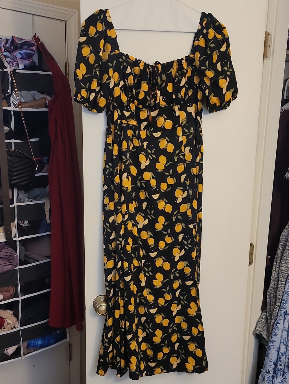 SHEIN Black Midi Dress with Yellow Lemon Print